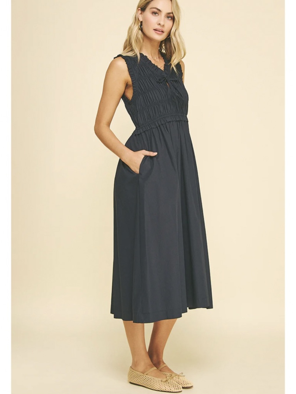 Pinch Margo Smocked V-Neck Midi Dress with Pockets - Picture 3 of 7